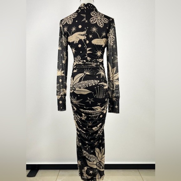 Farm Rio Black, Cream Patterned Midi Dress Cerrado Sky Tule Flattering, Ruching - Picture 3 of 3